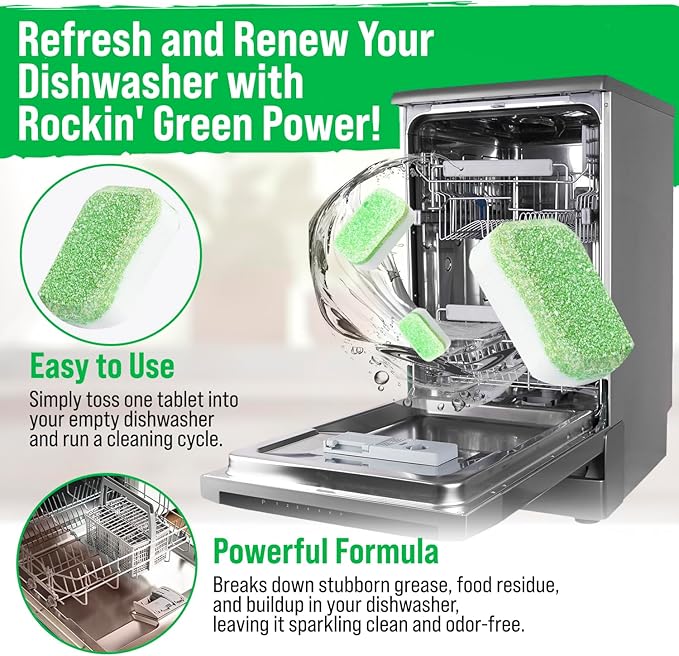 Rockin' Green Dishwasher Cleaner Tablets (24 Pack) - Septic Safe Dishwasher Cleaning Tablets Dishwasher Cleaner and Deodorizer Dishwashers Tablet Remove Build Up with Citric Acid (Sweet Child O'Lime)