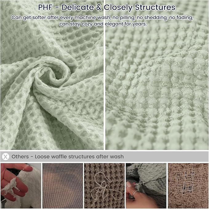 PHF Pre-Washed Cotton Waffle Weave Blanket Throw Size for Couch Bed,Snag Proof Spring Summer,Lightweight Breathable,Oeko-TEX Certified,Machine Washable, Home Decor Gift，Sage Green