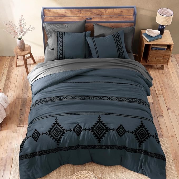 MaiRêve Embroidery Full Size Comforter Set Blue Grey, Farmhouse Western Boho Bedding Set 7 Pieces, All Season Bed in A Bag Comforter Set with Sheets, Pillowcases & Shams