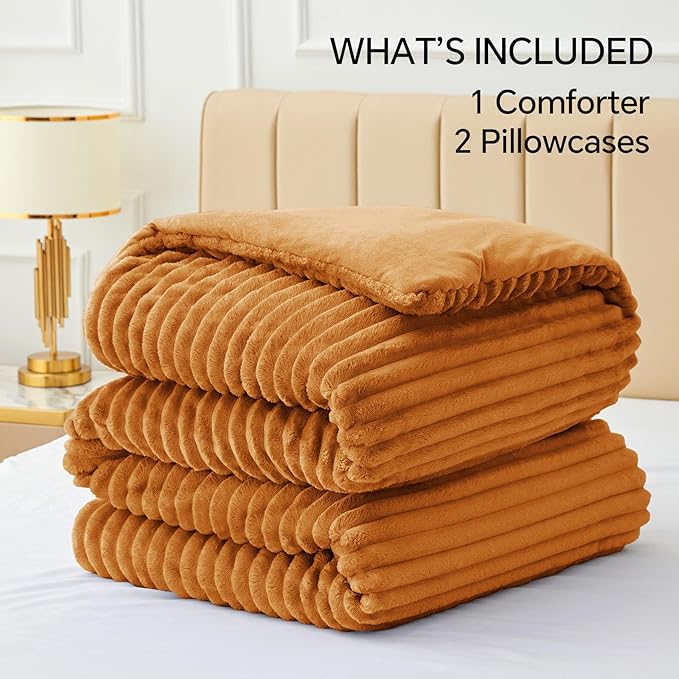 BEDELITE Fleece King Comforter Set -Super Soft & Warm Fluffy Rust Orange Bedding, Luxury Fuzzy Heavy Bed Set for Winter with 2 Pillow Cases