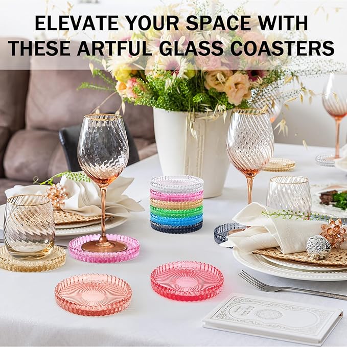 Glass Candle Holders, GOH DODD Set of 8 Crystal Pillar Plates Modern Coasters for Drinks, Centerpiece, Home Decor, Kitchen, Living Room, Patio, Wedding, Halloween, Christmas, Party, Mixed Colors