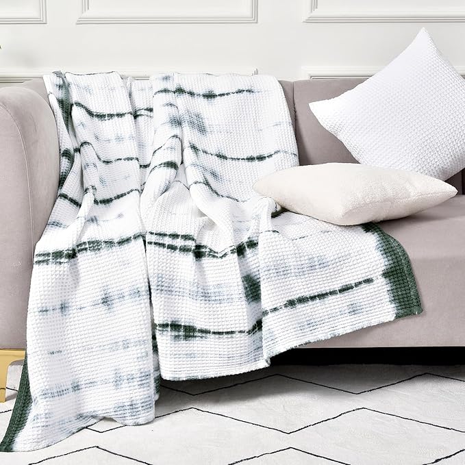 PHF 100% Cotton Tie-dye Waffle Weave Blanket King Size,Soft Breathable Skin-Friendly Durable Layering for All Season, Manual Elegant Delicate Pattern for Bed, Home Decor, Couch,Tie Dyed Green, 104x90