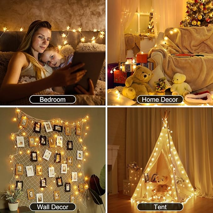 Brightown Star String Lights Battery Operated - 17 ft 50 LED Star Fairy String Lights with Remote and Timer, 8 Modes Waterproof for Bedroom Tent Loft Bed Patio Party Wedding Decor, Warm White