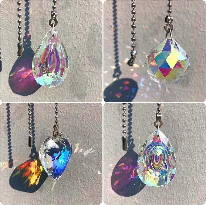4 Pieces Crystal Ceiling Fan Pull Chain Decorative Rainbow Pull Chain Extension 20 Inch Ceiling Ornament with Ball Connector(Longan, Water Drop, Heart, Round)