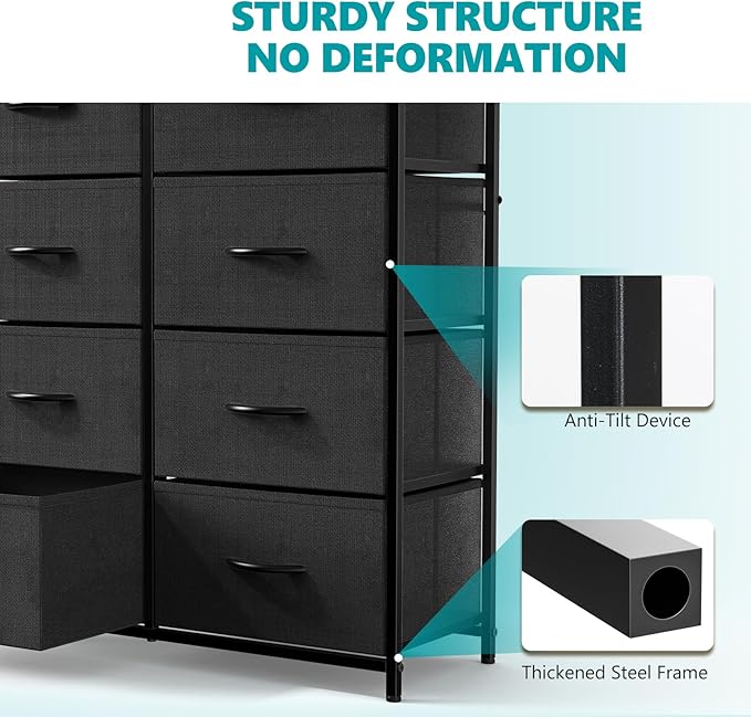 OLIXIS Dresser for Bedroom,8 Storage Fabric Drawers, Metal Frame and Wooden Top, Tall Storage Drawer Dresser for Closet with Easy Pull Handles for Living Room, Entryway, Small Space Black