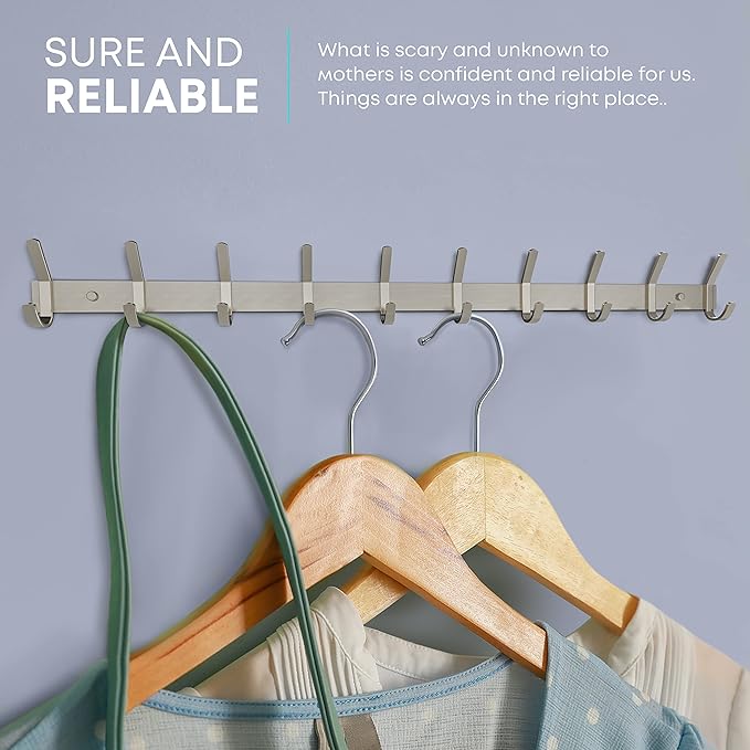 Coat Rack Wall Mount – Brushed Nickel 30 Inch Stainless Steel Hook Rail with 10 Heavy Duty Double Coat Hooks – Wall Mounted Coat Hanger for Entryway, Bathroom, Bedroom, Towel, Hat Organizer - 2 Pack