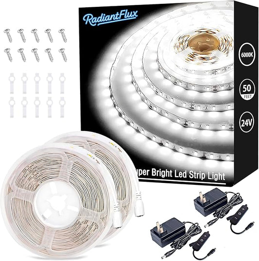 RadiantFlux White Led Strips Lights.2 Sets of 50ft Strip Light,Flexible Light Strip,Good Lighting,LED Light Strip,1800 LEDs 6000K,Light for Living Room,Bedside Table,Vanity Mirror