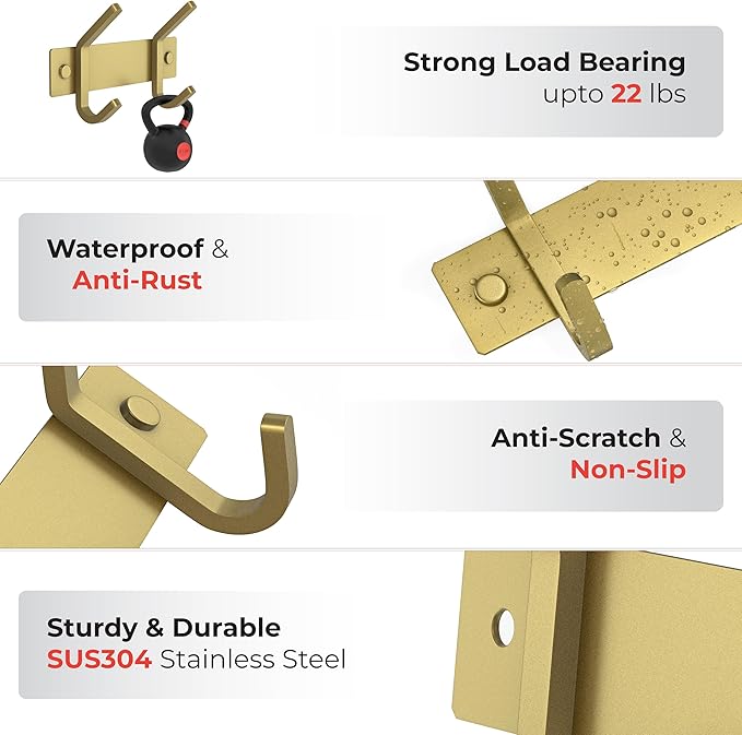 Brushed Gold Small Coat Rack Wall Mount – 6 Inch Stainless Steel Rail with 2 Double Coat Hooks for Entryway, Bathroom, Bedroom, Kitchen – Modern Gold Hook Rack for Coats, Hats, Towels