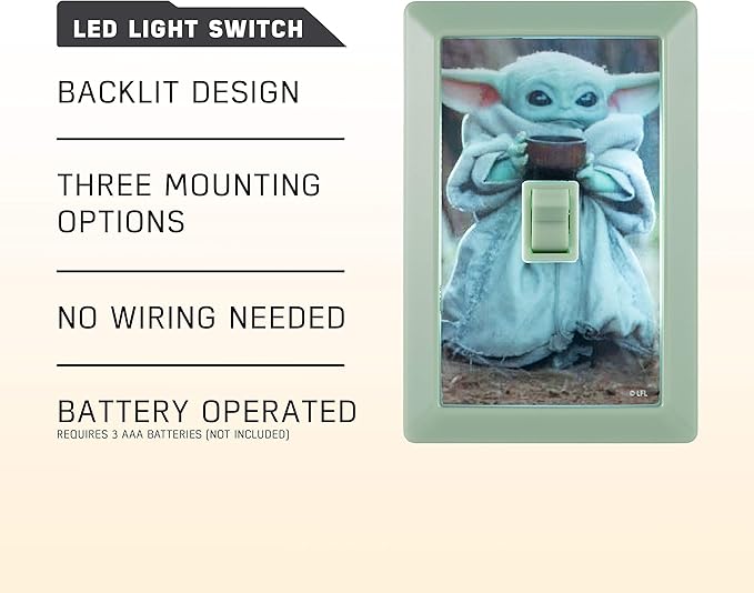 STAR WARS The Child Wall Switch, Battery Operated, Night Light, Wireless, Baby Yoda, Mandalorian, ON/Off, LED Light Switch, Perfect for Bedrooms, Bathrooms, Nursery, Game Room and More, 53291