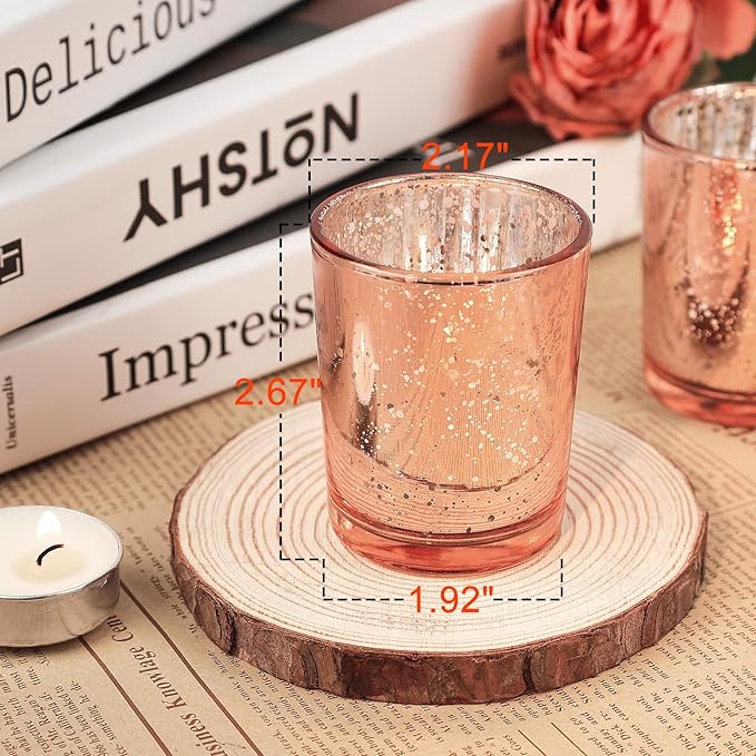 24 Pcs Rose Gold Votive Candle Holders, Speckled Mercury Rose Gold Glass Candle Holder Bulk for Wedding Centerpiece Table Decor, Tea Lights Candle Holder for Valentines Day Decor, Home Decor