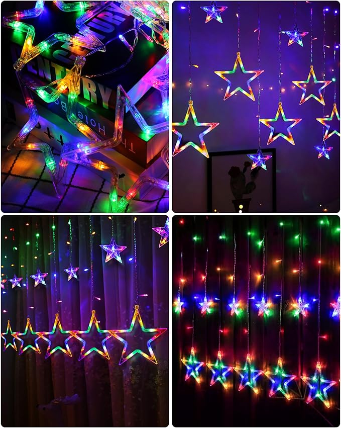Blingstar Star Curtain Lights 138 LED 12 Star Multicolor Christmas Lights 8.2 Ft Connectable Window Lights with Remote Plug in Curtain String Lights for Christmas Ramadan Bedroom Indoor Outdoor Decor