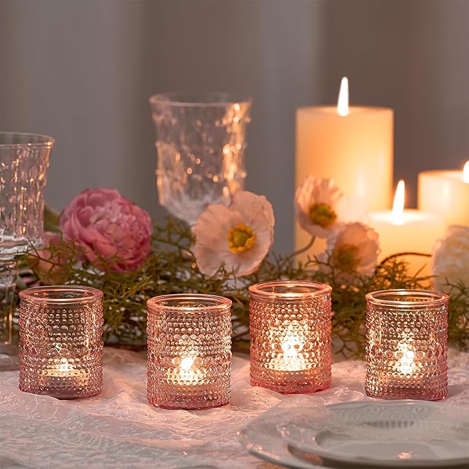 24 Pack Clear Glass Votive Candle Holders, Vintage Candle Holder for Floating Candle, Tealight Candle Holder for Table Centerpieces Home Bridal Shower Birthday Christmas Table Decoration (Pink)