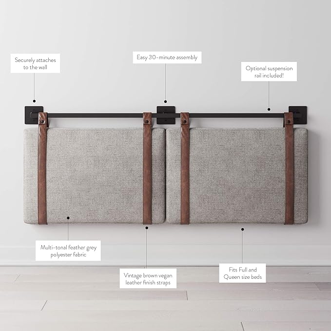Nathan James Harlow Modern Wall Mount Hanging Headboard, Queen, Gray with Brown Faux Leather Straps