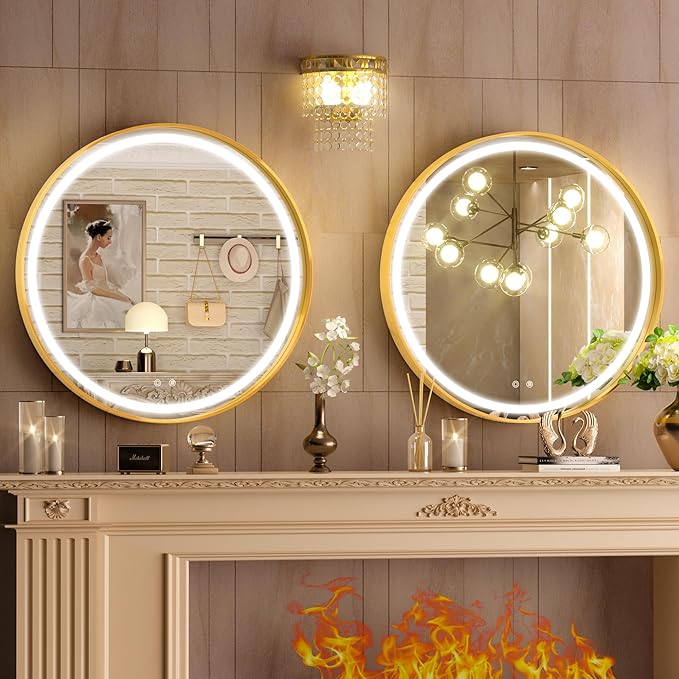Hasipu 32 Inch Round LED Lighted Mirror for Bathroom with Lights, Gold Circle Vanity Mirror for Wall, Metal Framed Frontlit Bathroom Mirrors Anti-Fog, Dimmable, 3 Colors Makeup Mirror Wall Mounted