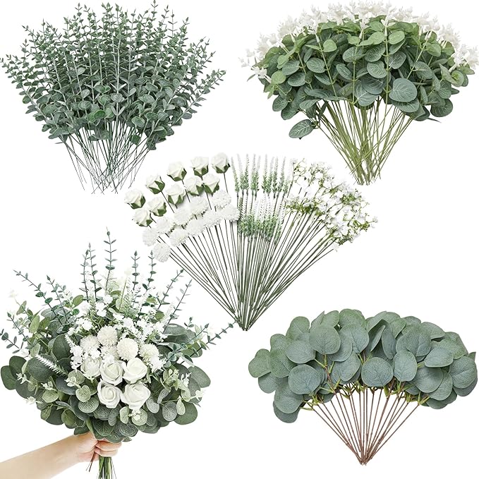 Serwalin 200 Pcs 7 Kinds Mixed Artificial Eucalyptus Leaves Stems Bulk Faux Silver Dollar Eucalyptus Leaves Real Touch Greenery Branches for Wedding Floral Arrangement Table Centerpieces Home Decor