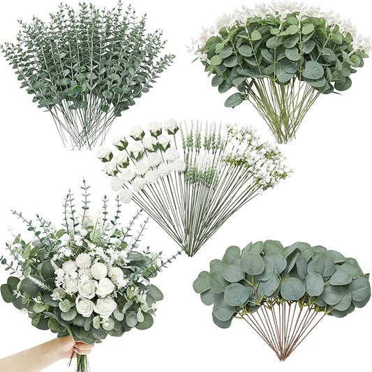 Serwalin 200 Pcs 7 Kinds Mixed Artificial Eucalyptus Leaves Stems Bulk Faux Silver Dollar Eucalyptus Leaves Real Touch Greenery Branches for Wedding Floral Arrangement Table Centerpieces Home Decor