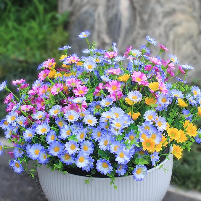 Artificial Flowers Outdoor 8 Bundles Red Fake Flowers Flores Artificiales Silk Daisies Eucalyptus Plants Fade Resistant Faux Wild Flower for Porch Patio Home Garden Pot (8 Bundles Red)