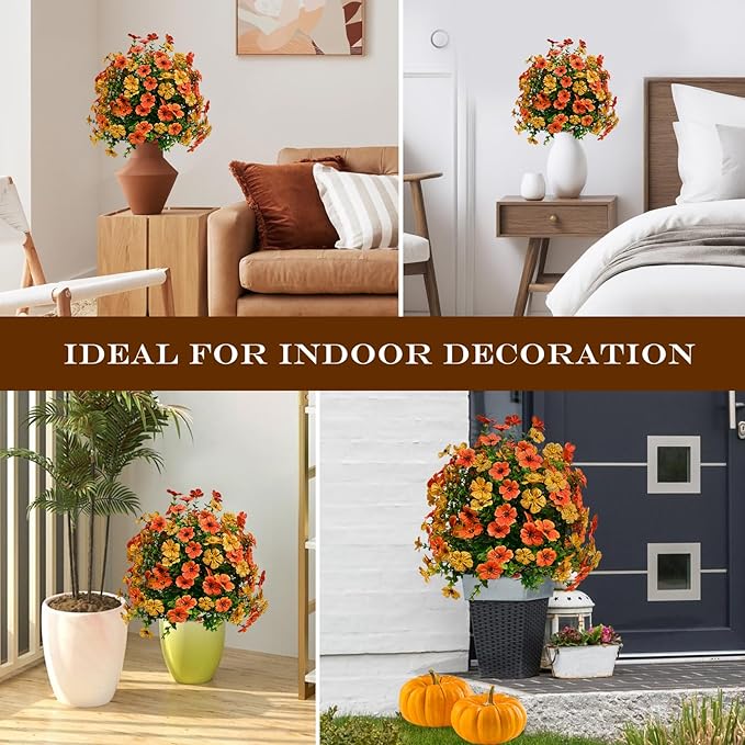 Artificial Topiary Bushes for Outdoors with Spike, Boxwood Ball Fake Shrubs UV Resistant Faux Plants for Indoor Outdoor Fall Thanksgiving Halloween Decor (Orange Green)