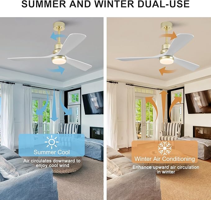 BOJUE 52 Inch Gold Ceiling Fans with Lights and Remote, Dimmable LED Light, Modern Solid Wood Ceiling Fan with Light for Indoor/Outdoor Farmhouse, Bedroom, Patio - Gold Finish and White Blades