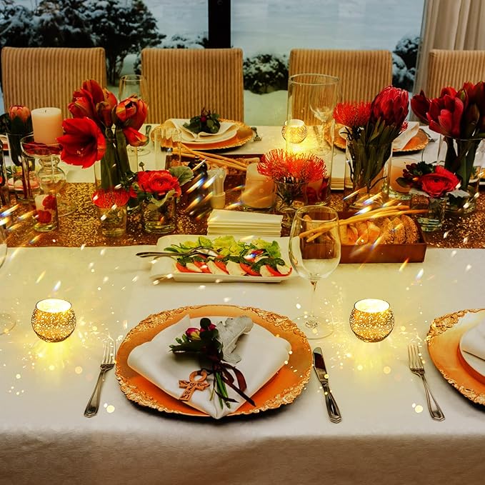 Rtteri 24 Set Votive Candle Holders Wedding Centerpiece Table Decorations Speckled Mercury Glass Votive Candle Holders with Tea Lights Birthday Party Decorations for Home (Gold)