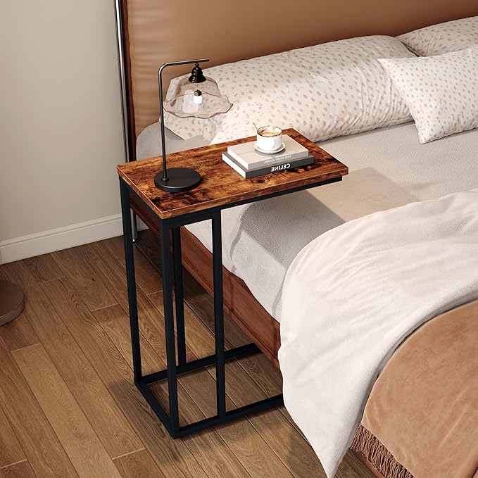 Yusong Small C Shaped End Table, Slim Couch Side Tables Slide Under Sofa Bed, Skinny Snack Tray Table for Coffee Laptop in Living Room,Easy Assembly, Rustic Brown