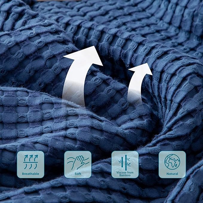 Bedsure Cooling Cotton Waffle Weave Blanket - Lightweight Breathable Blanket of Rayon Derived from Bamboo for Hot Sleepers, Luxury Throws for Bed, Couch and Sofa, Navy, 50x70 Inches