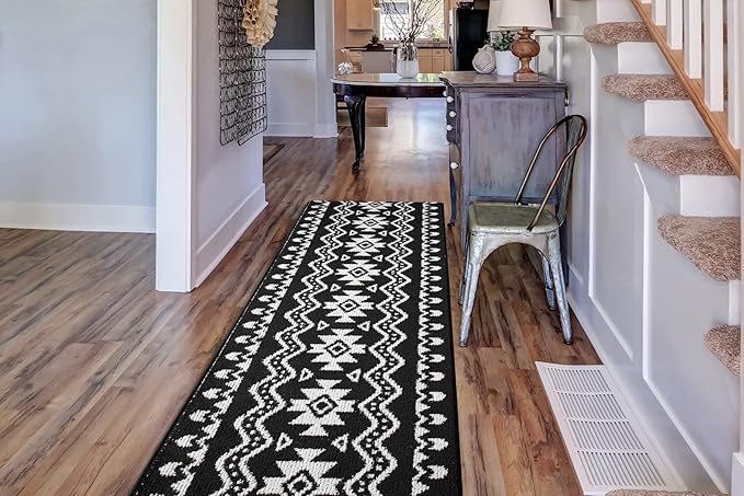 Custom Length Cut to Size Tribal Ethnic Southwestern Inspired Hallway Runner Rug, Non Slip Rubber Backed, 31 inch Wide X Customized Length, Aztec Black, 31 inch X 22 feet