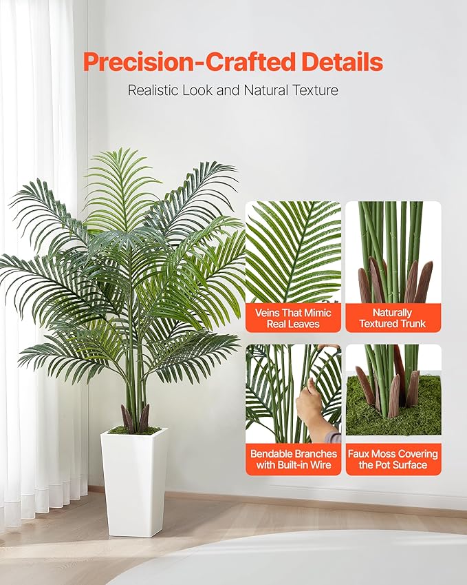 VEVOR Artificial Areca Palm Tree 5 ft, Fake Palm Tropical Plants with White Tall Planter, Faux Floor Silk Plant in Pot, Large Trees for Home Office Living Room Decor House Warming, Indoor Outdoor