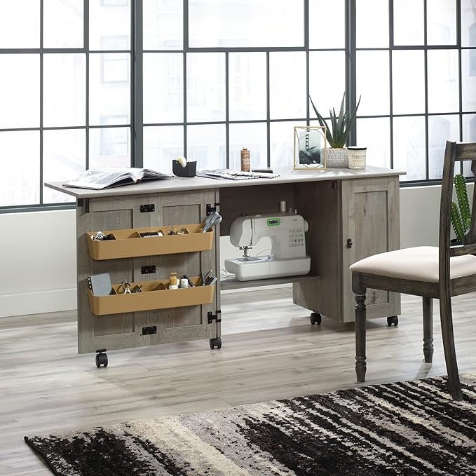 Sauder Craft Cart Storage Cabinet, Rolling Sewing Table with Expandable Top, Mystic Oak