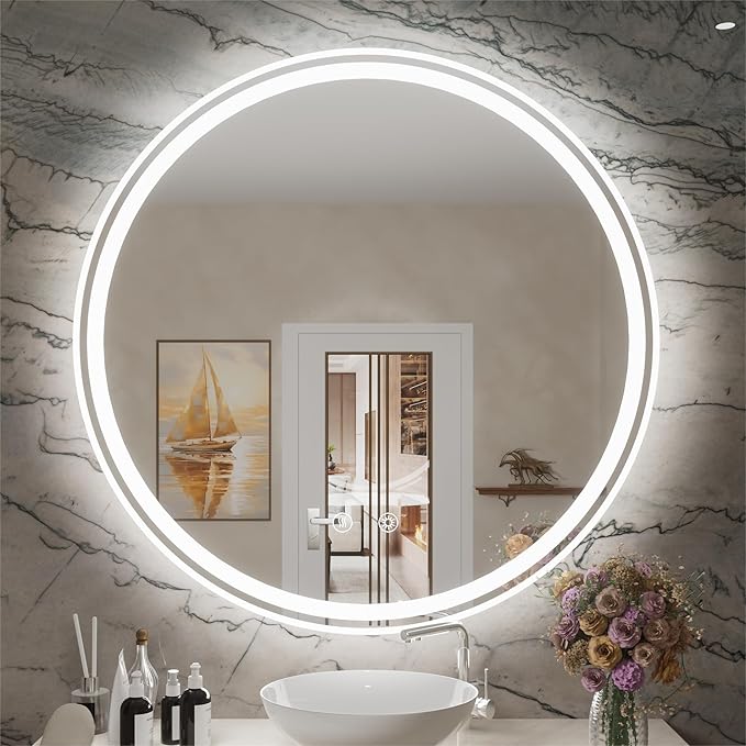32 Inch Frameless Round Lighted Bathroom Mirror with Front & Backlit - 6000K Daylight, Dimmable, Anti-Fog, CRI 90+, 5mm HD LED Mirror