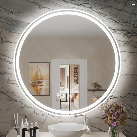 32 Inch Frameless Round Lighted Bathroom Mirror with Front & Backlit - 6000K Daylight, Dimmable, Anti-Fog, CRI 90+, 5mm HD LED Mirror
