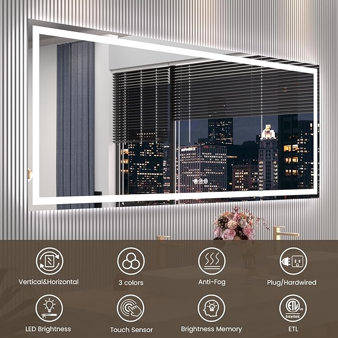 84"X40" LED Bathroom Mirror with Front Lights and Backlit, Anti-Fog, Dimmable, Shatter-Proof Tempered Glass, Lighted Bathroom Vanity Mirror for Wall with 3 Colors, Memory Function