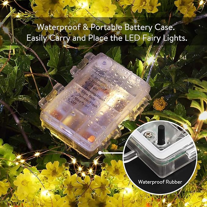 MUMUXI 2 Pack 33 ft Remote Control Fairy Lights Battery Operated String with Timer, 100 LED Christimas Twinkle Waterproof Silver Wire Firefly Lights for Outdoor Use, Warm White