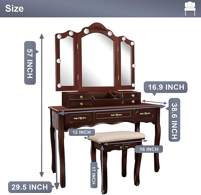 ENSTVER Vintage Vanity Desk with Mirror and Lights, Tri-Folding Mirrors, 6 Organization 7 Drawers Makeup Dress Vanity Table with Cushioned Stool-Espresso