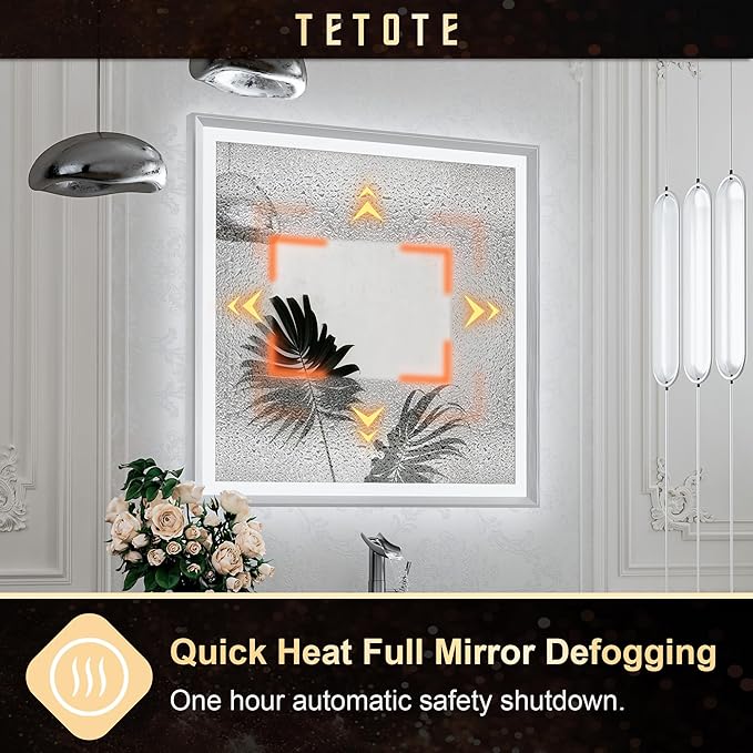 TETOTE 36x36 LED Bathroom Mirror with Lights Silver Metal Framed Brushed Nickel Front & Back Light Vanity Mirror Baroque Antifog Stepless Dimmable White/Warm/Natural,Wall Mounted(Horizontal/Vertical)