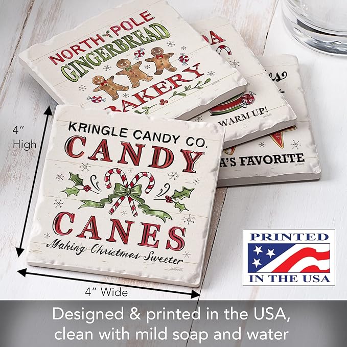 Thirstystone Holiday Treats 4 Pack Assorted Tumbled Tile Stone Coasters with Protective Cork Backing 4" Square Manufactured in The USA