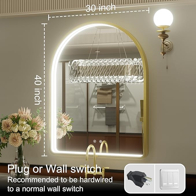 40x30 Inch Arched Gold LED Bathroom Mirror with Lights, Adjustable 3000K/4500K/6000K, Wall Mounted Framed Lighted Bathroom Vanity Mirror, Anti-Fog, Dimmable, Memory Function