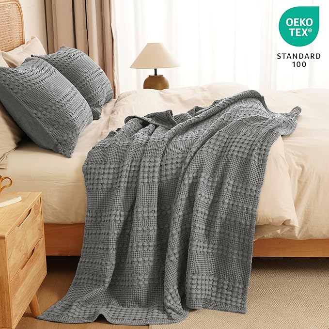 PHF 100% Cotton Waffle Weave Throw Blanket, Soft Lightweight Breathable Cozy Throws for Couch Bed Sofa, Luxury Aesthetic Woven Blanket for Home Decor & Office, 50"x60", Dark Grey