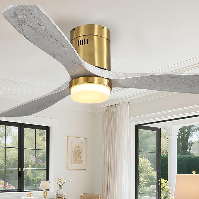 Sofucor Ceiling Fan with Lights-52 Inch Flush Mount Ceiling Fan with Light and Remote Control, Low Profile Wood Blades Modern Outdoor Ceiling Fans for Bedroom/Farmhouse/Patio/Indoor, Quiet DC Motor