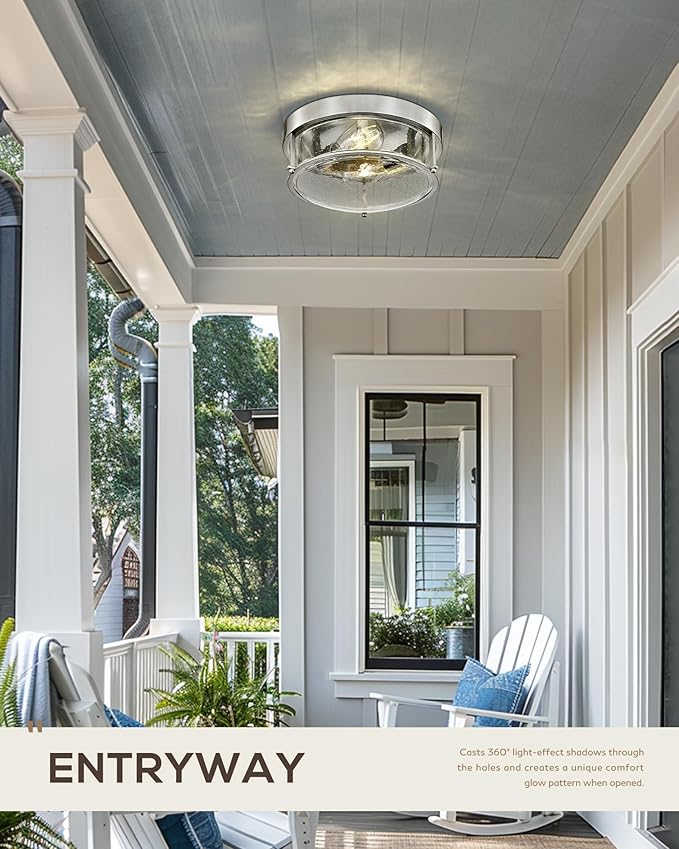 FEMILA Brushed Nickel Flush Mount Ceiling Light, 12" Bedroom Ceiling Light, Seeded Glass, E26 Base, 4FTJ22-F BN