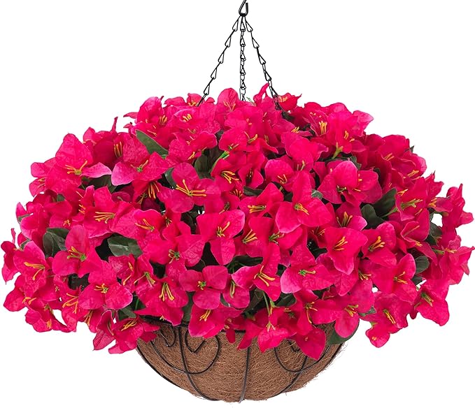 Artificial Fake Hanging Flowers Plants Basket for Outdoors Decoration, Faux Silk Bougainvillea Flowers in Planter UV Resistant Realistic Flower for Outside Porch Patio Garden Yard Home Decor (Hotpink)