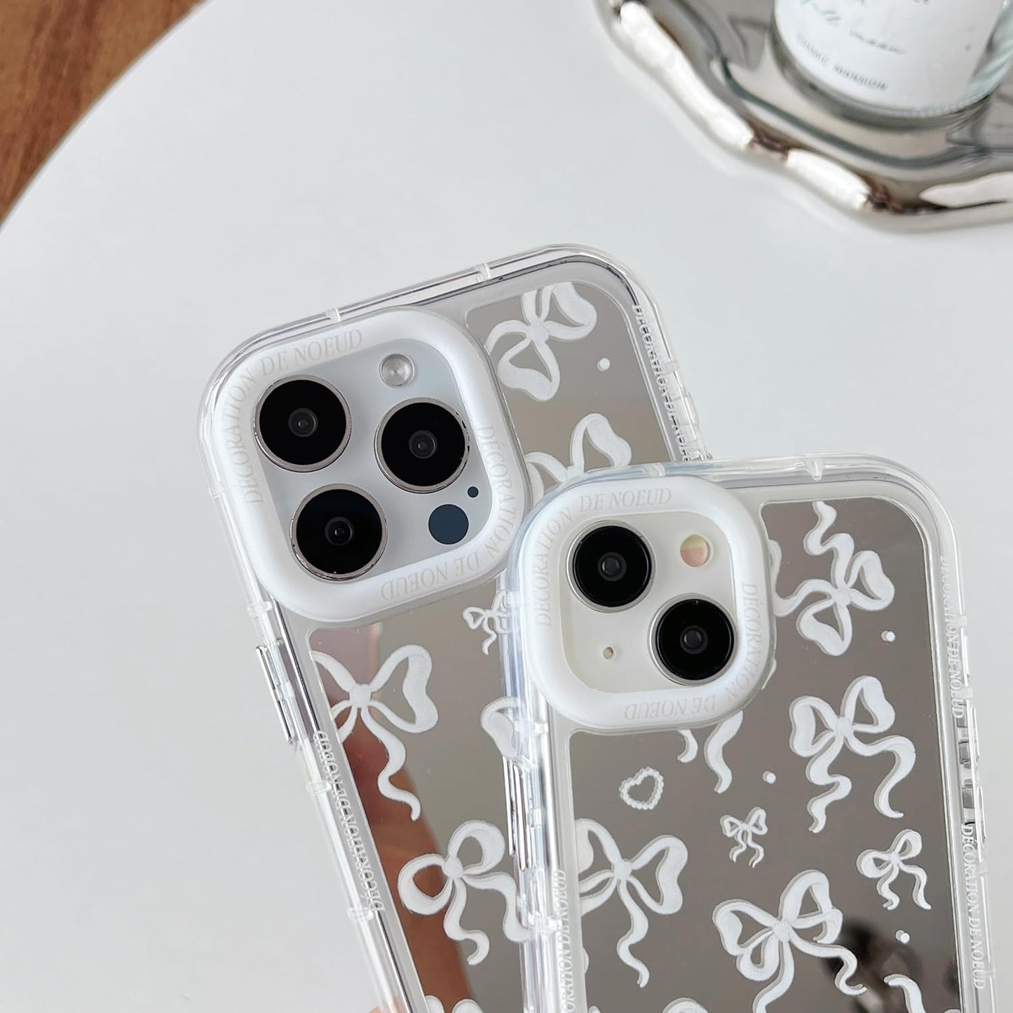 Love Heart Bow Plating Mirror Soft Phone Case Compatible with iPhone 12 Pro Max, Silver
