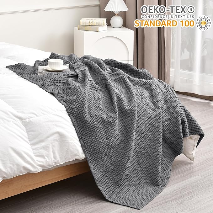 PHF Pre-Washed Cotton Waffle Weave Blanket Throw Size for Couch Bed,Snag Proof Spring Summer Lightweight Breathable,Oeko-TEX Certified,Machine Washable, Home Decor Gift，Charcoal