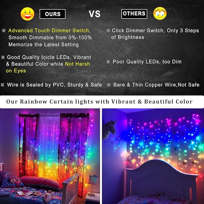 Rainbow Fairy String Curtain Lights with Touch Dimmer Switch, Hanging LED Icicle Rainbow Lights Curtain for Girls Bedroom, Kids Room, Unicorn Room, Birthday, Holiday Décor Christmas Gift