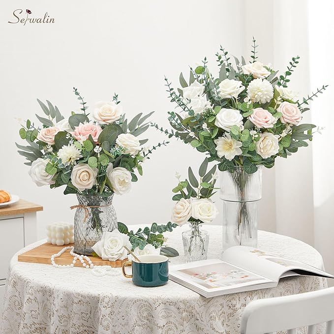 Serwalin 100pcs Artificial Mixed Eucalyptus Stems Leaveas Bulk, 4Kinds Fake Grennery Silver Dollar Eucalyptus Leaves Picks,Faux Greenry Stems Sprays for DIY Bouquets Floral Arrangement Home Decor