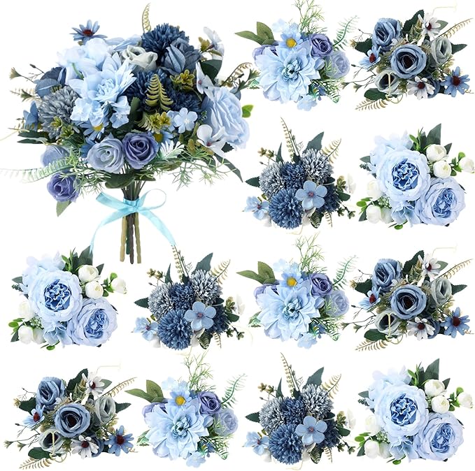Zeyune 12 Bundles Artificial Peonies Flowers Artificial Silk Rose Faux Dahlia Fake Chamomile Hydrangea Bouquet Bulk for Vase Home Wedding Centerpiece Party Decoration(Indigo,Gradient Blue)