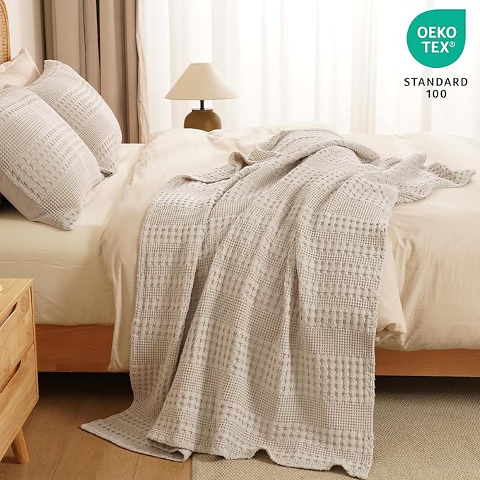 PHF 100% Cotton Waffle Weave Throw Blanket, Soft Lightweight Breathable Cozy Throws for Couch Bed Sofa, Luxury Aesthetic Woven Blanket for Home Decor & Office, 50"x60", Oatmeal
