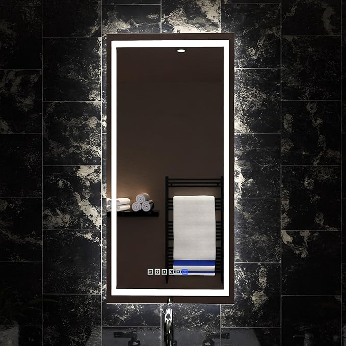 Fab Glass and Mirror Dimmable Lighted Bathroom Wall Vanity with Anti-Fog and Adjustable Colors Rectangular Frameless LED Mirror 40L X 18W Clear