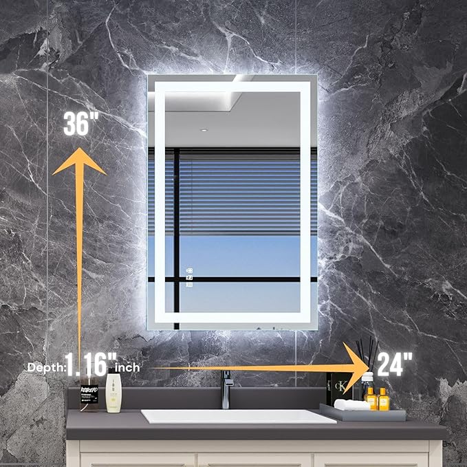 LED Bathroom Mirror 24"x 36", Front Lit and Backlit Bathroom Mirror with Lights,Stepless Dimmable,Anti-Fog, Shatter-Proof, Memory, 3 Colors Lighted Vanity Mirror (Horizontal/Vertical)