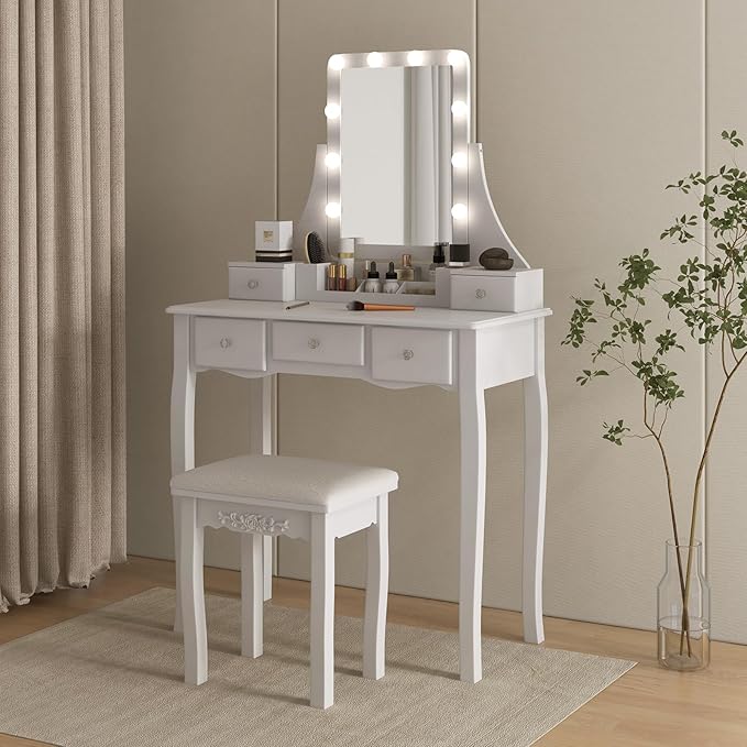 CHARMAID Vanity Desk with Mirror and Lights, Makeup Vanity Table with 5 Storage Drawers, 3 Color Lighting Modes, Adjustable Brightness, Modern Bedroom Dressing Table with Vanity Stool, White